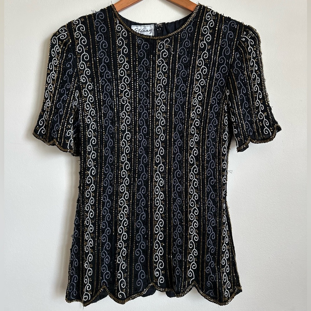 Stenay VTG Small Beaded 100% Silk Short Sleeve Blouse!